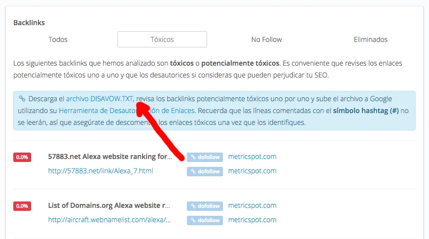 metricspot disavow backlinks